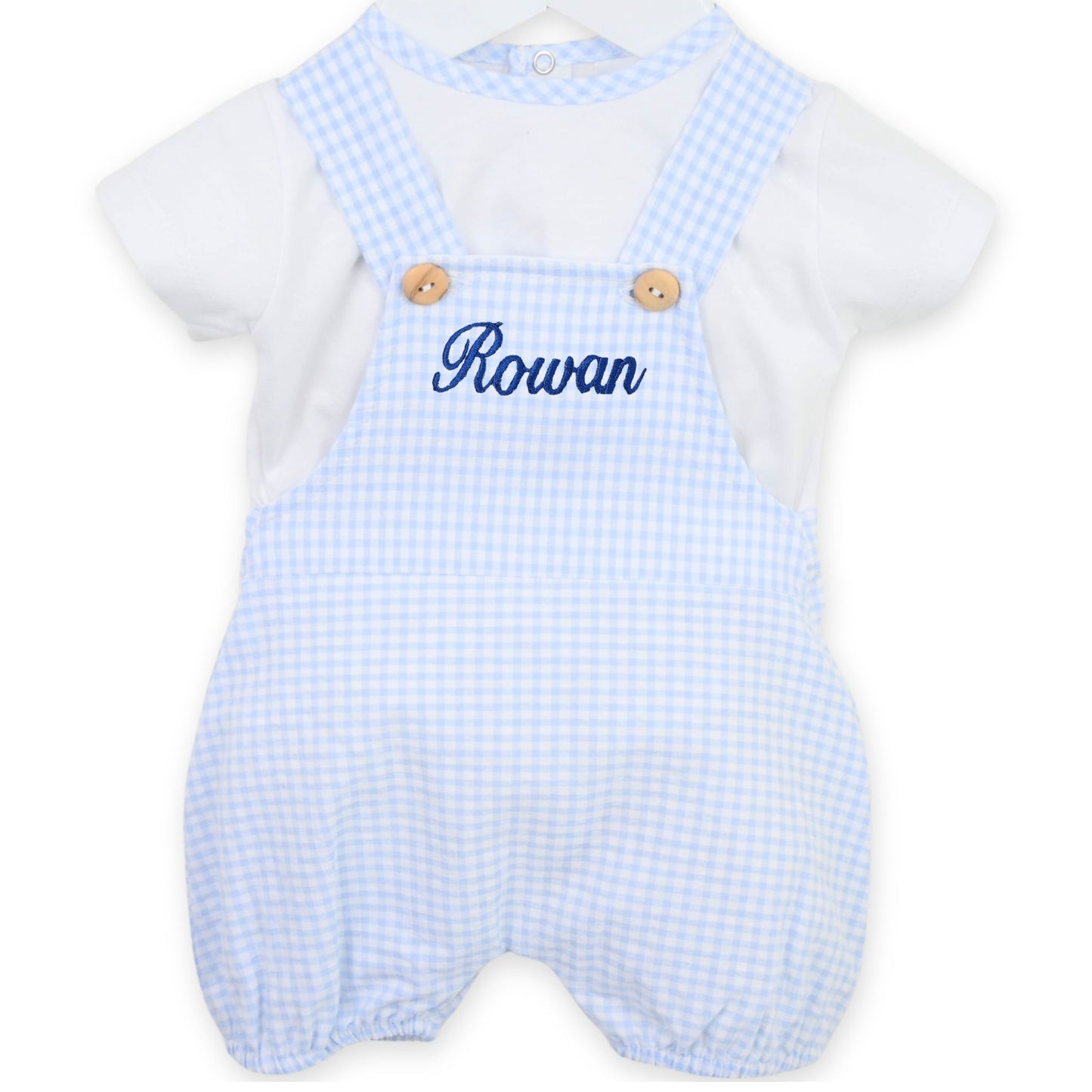 Personalised Baby Boys Blue Checked Two-Piece Summer Outfit