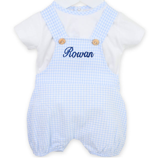 Personalised Baby Boys Blue Checked Two-Piece Summer Outfit