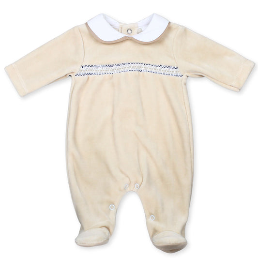 baby unisex beige smocking velour all in one