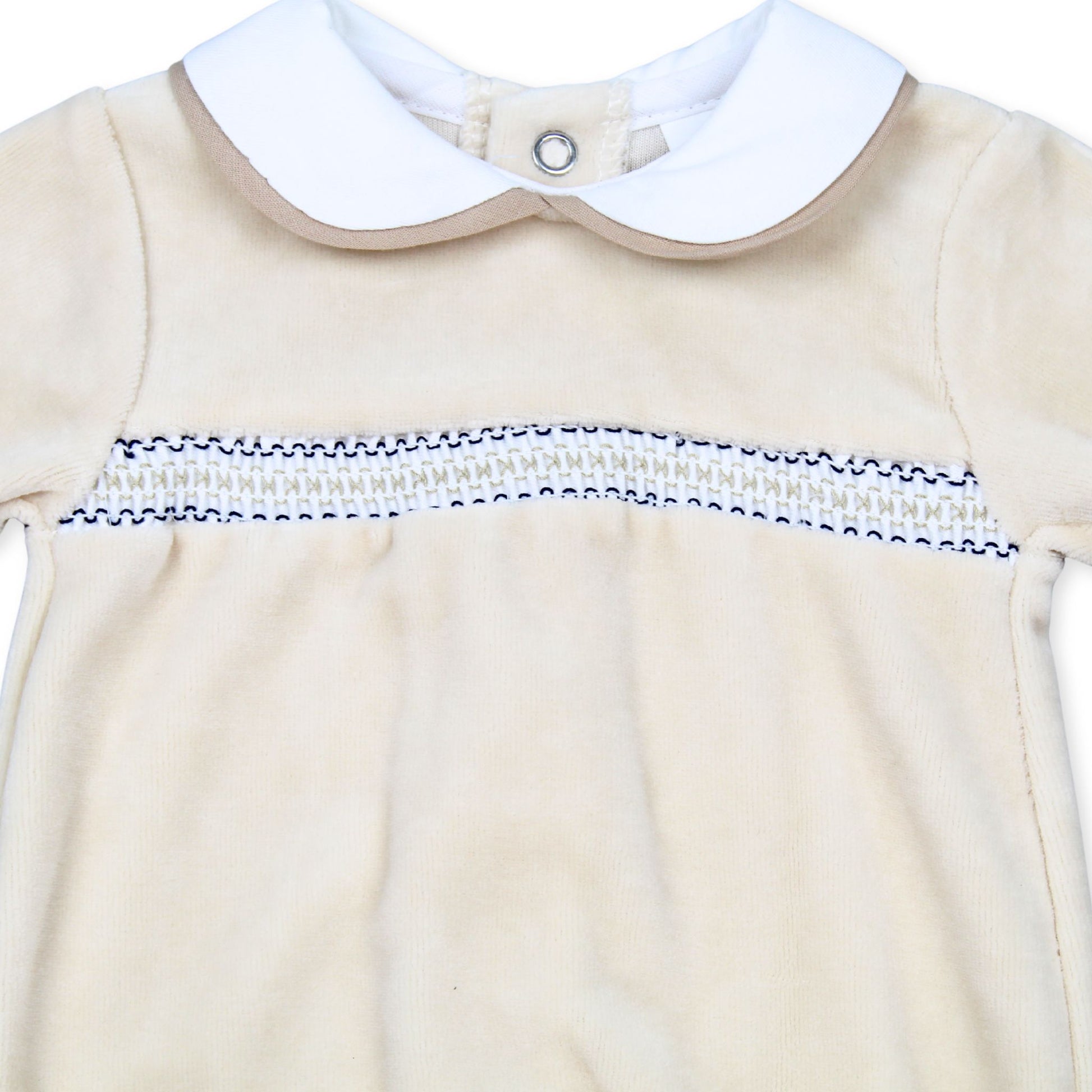 baby unisex beige smocking velour all in one