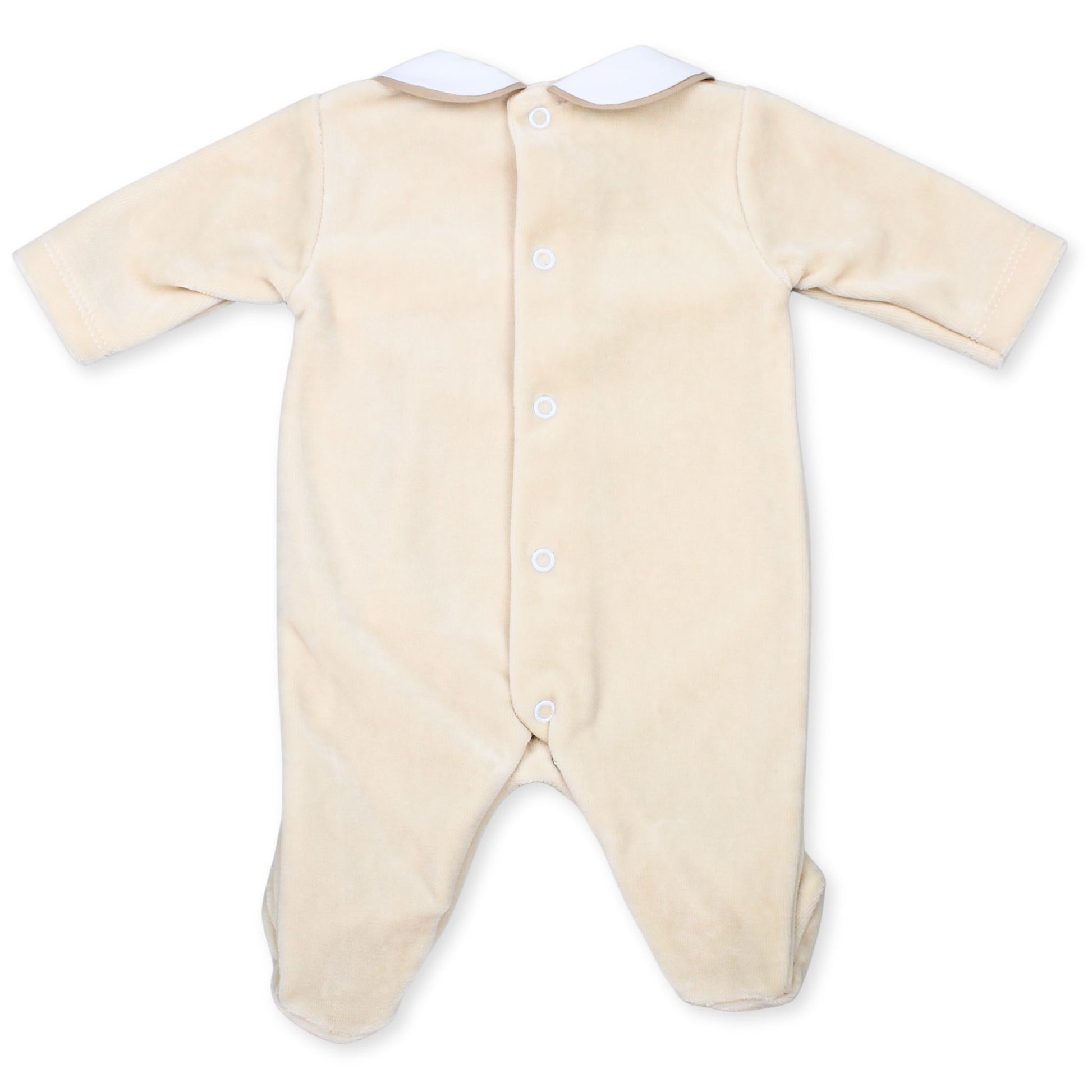 baby unisex beige smocking velour all in one