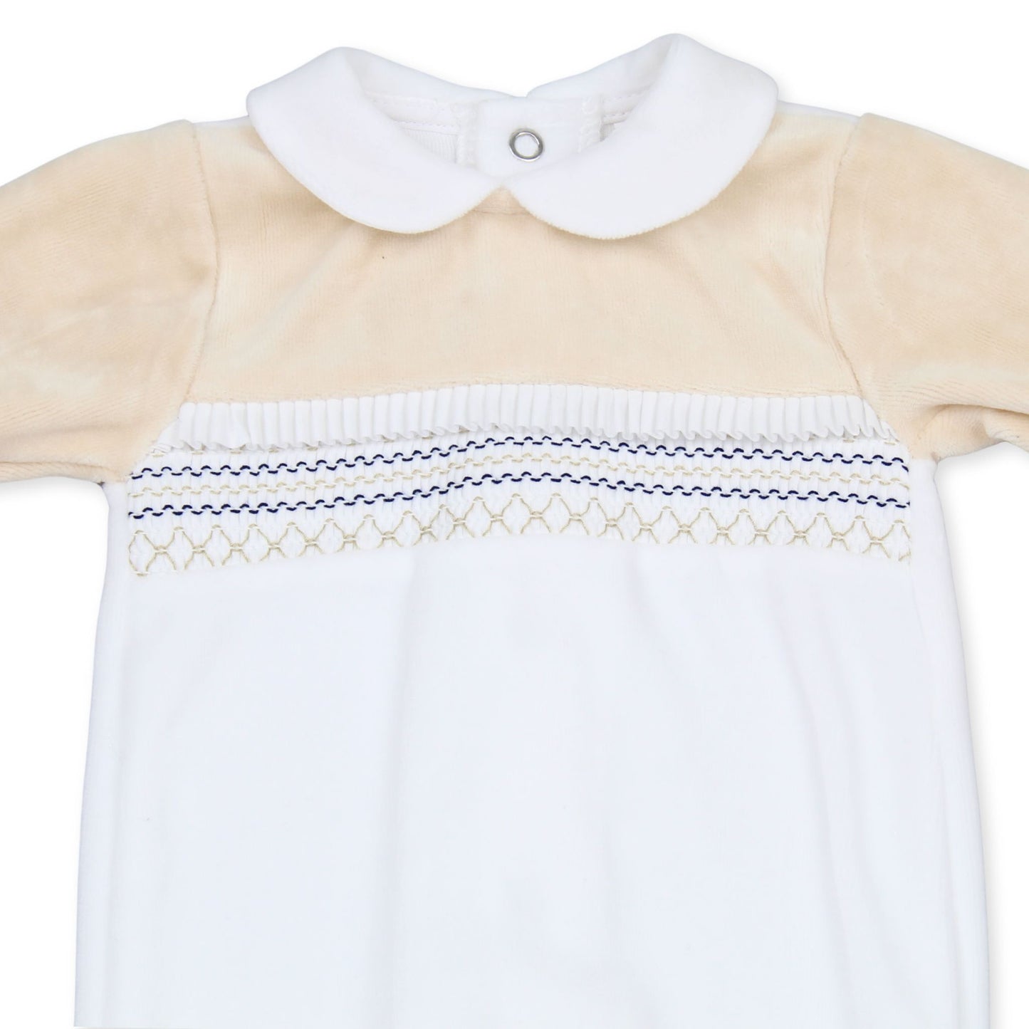 Baby Boys Velour Smocked Sleepsuit with Trim - Beige