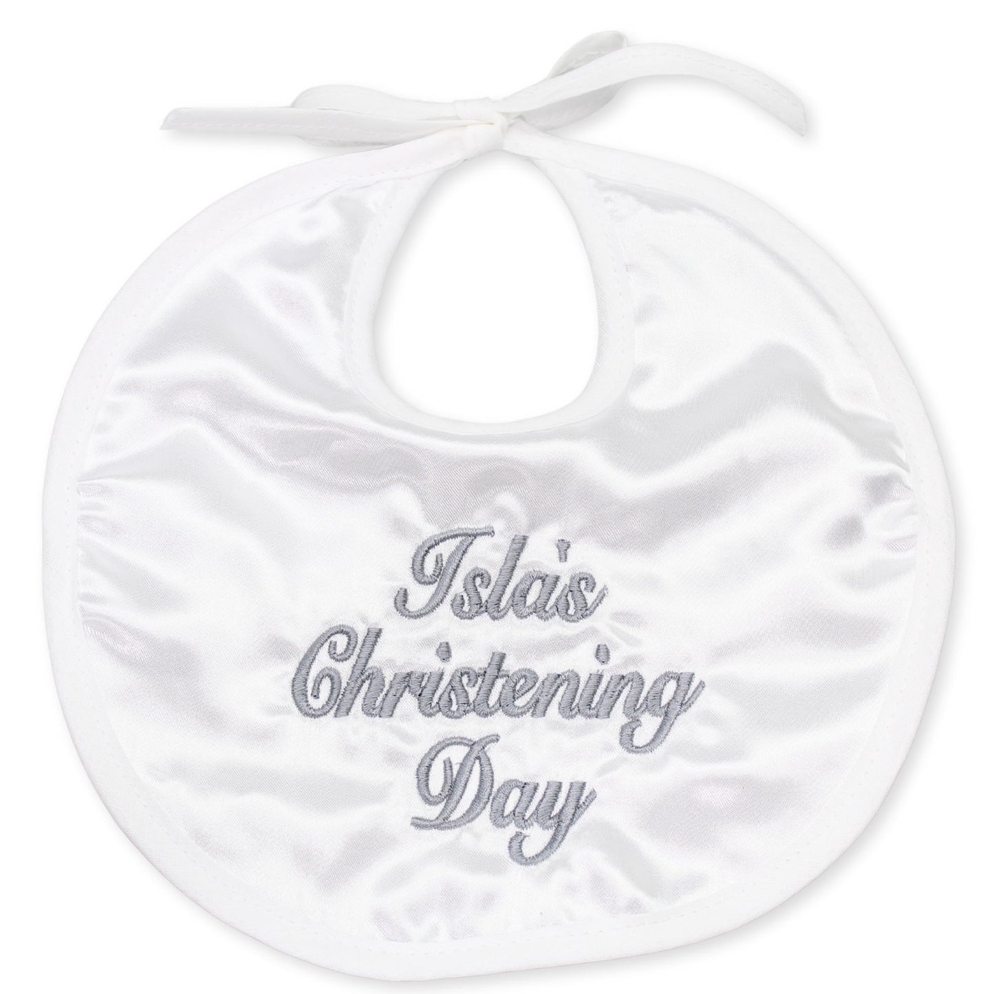 personalised christening bib satin white
