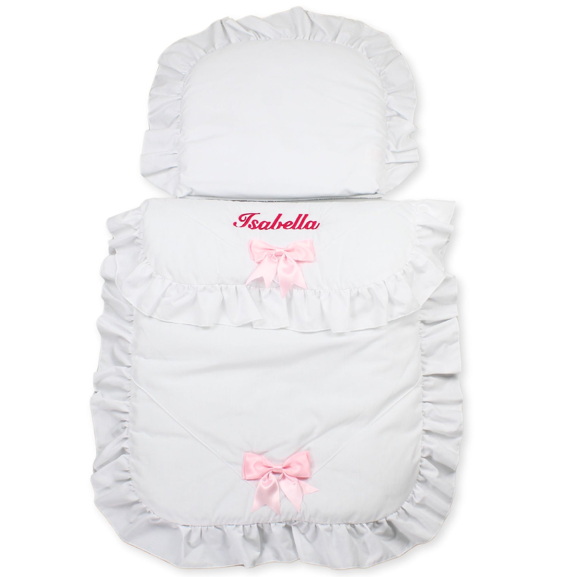 baby girls white pramset with pink bow