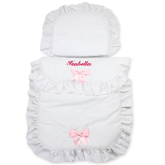 baby girls white pramset with pink bow