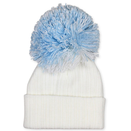 white blue pom pom hat
