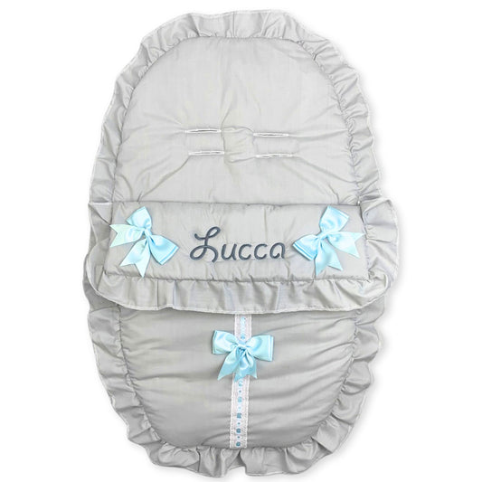baby boys grey and blue car seat cosy toes