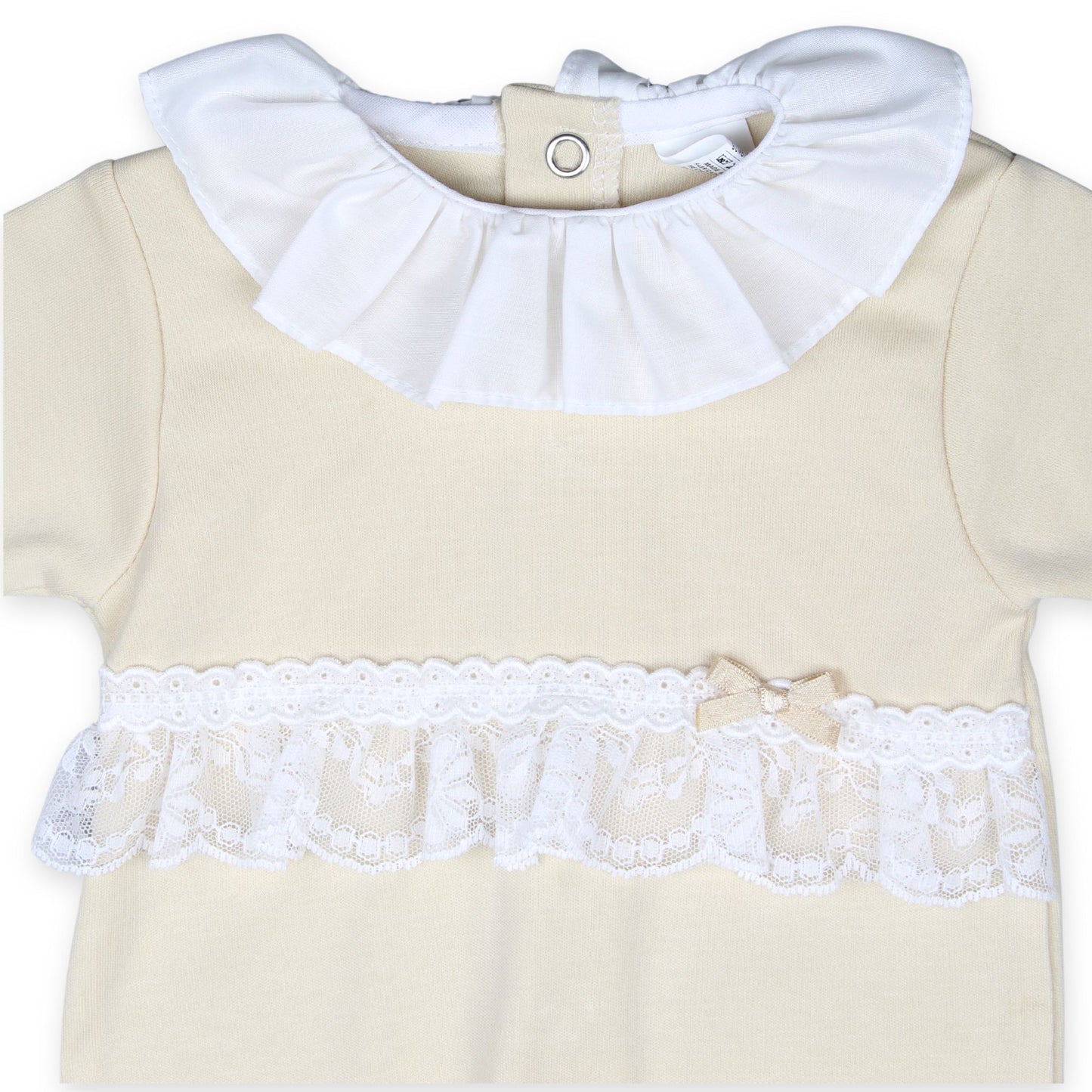 Baby Girls beige cotton sleep suit with lace and bow