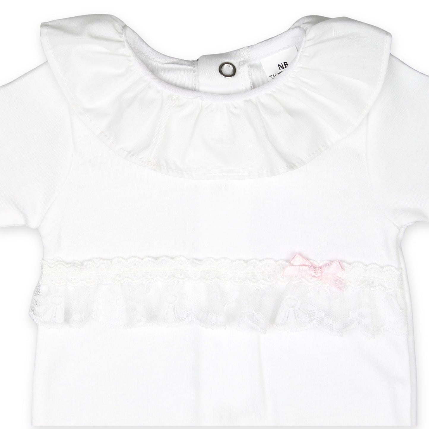 Baby Girls Velour Baby Grow / Sleepsuit with Lace - White