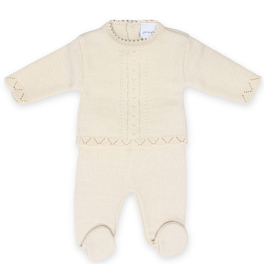 beige two piece knitted outfit