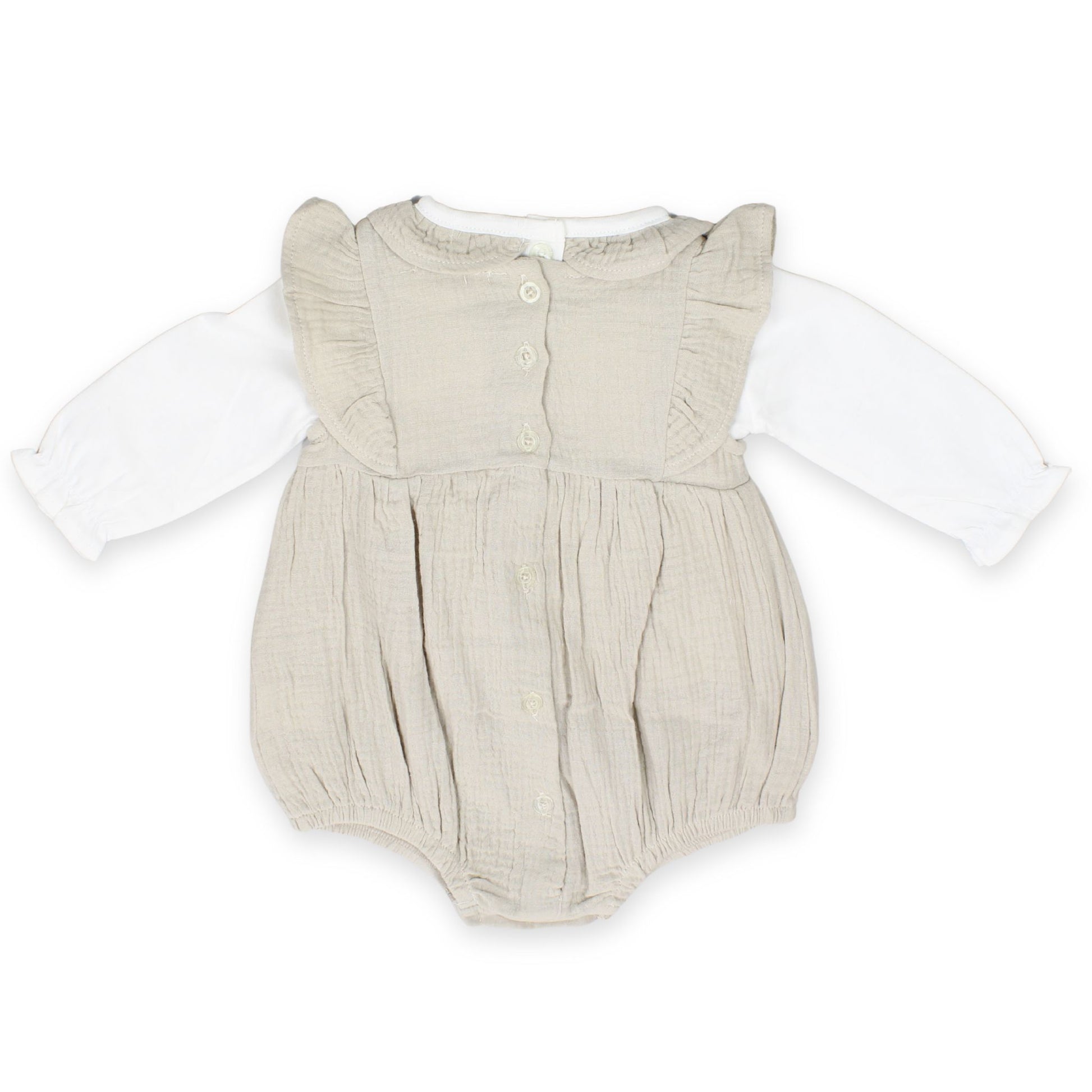 baby girl romper, beige baby outfit, muslin romper baby, baby girl clothes, baby outfit with bow, baby girl ruffle romper, baby girl long sleeve romper