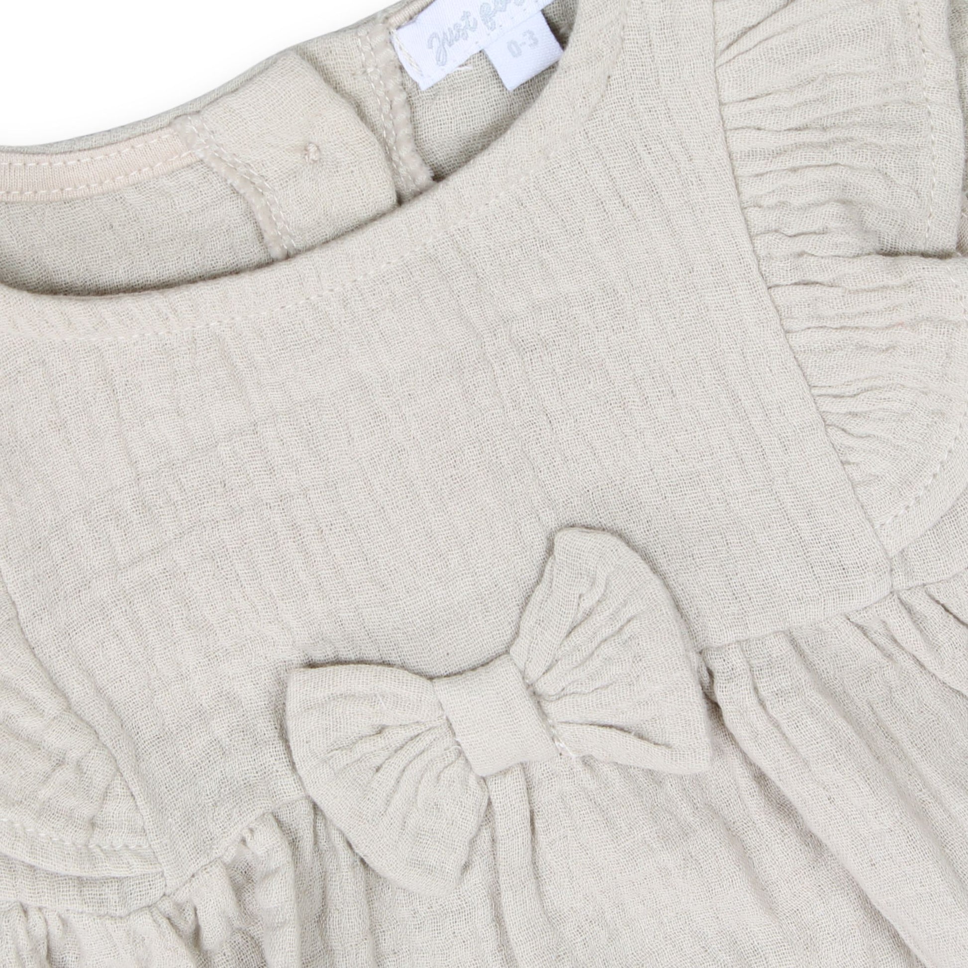 baby girl romper, beige baby outfit, muslin romper baby, baby girl clothes, baby outfit with bow, baby girl ruffle romper, baby girl long sleeve romper