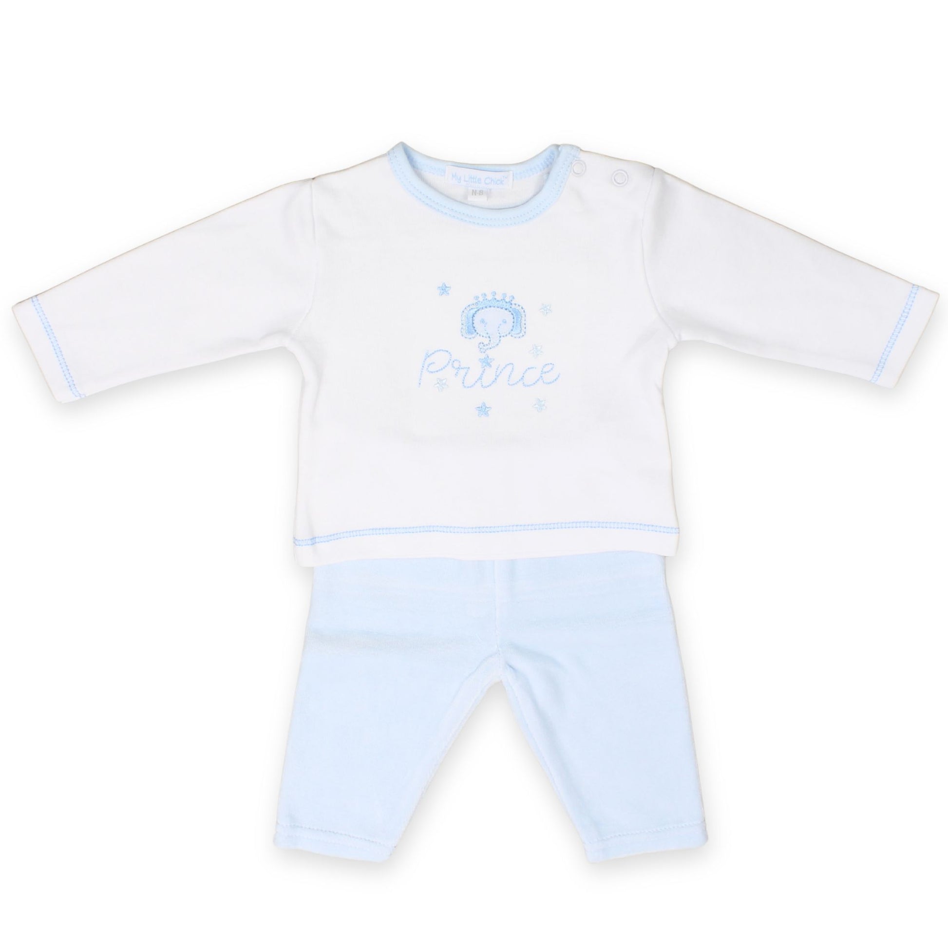 baby boys three piece top trousers and jacket velour prince elephant embroidery