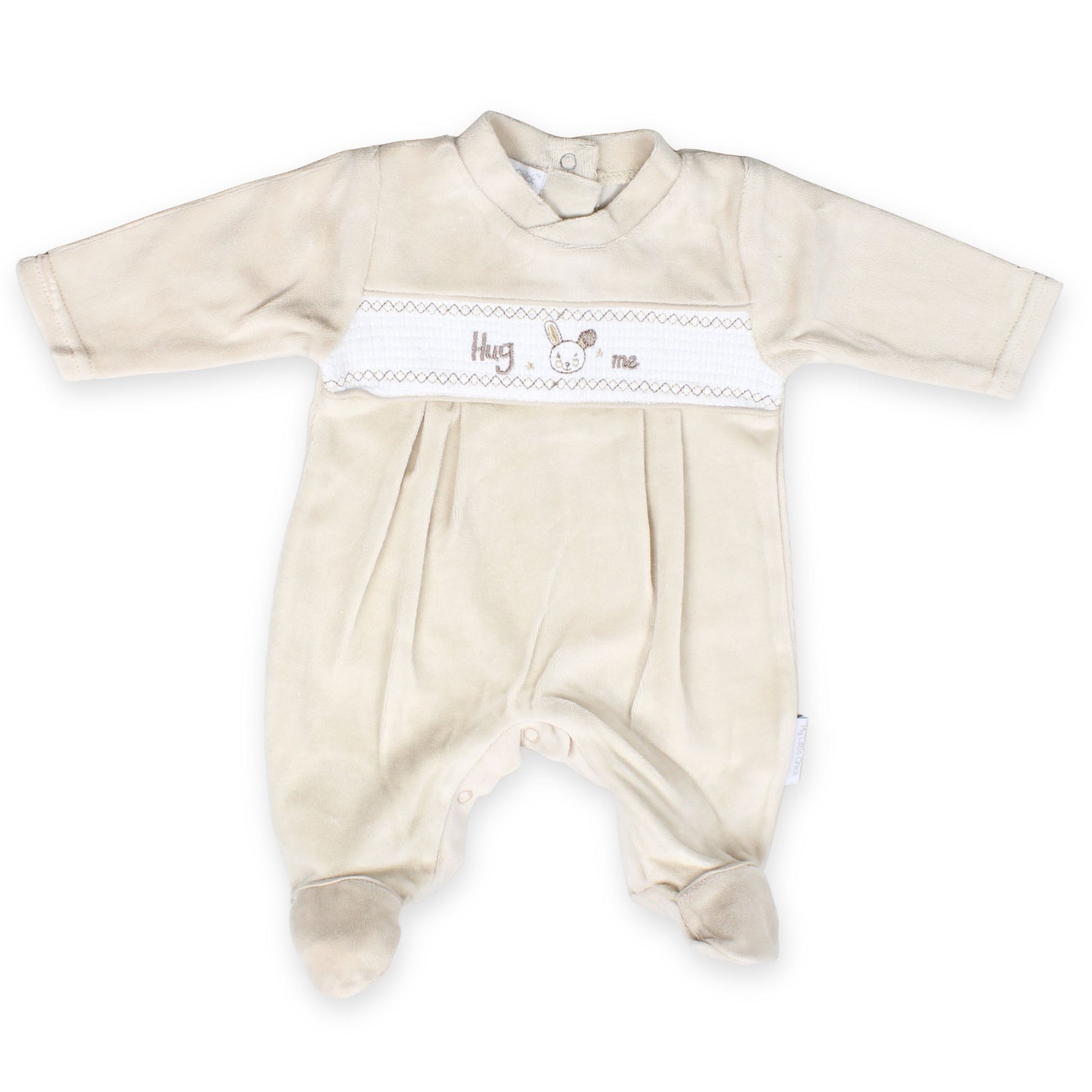 beige unisex baby velour smocking rabbit sleepsuit  hug me embroidery