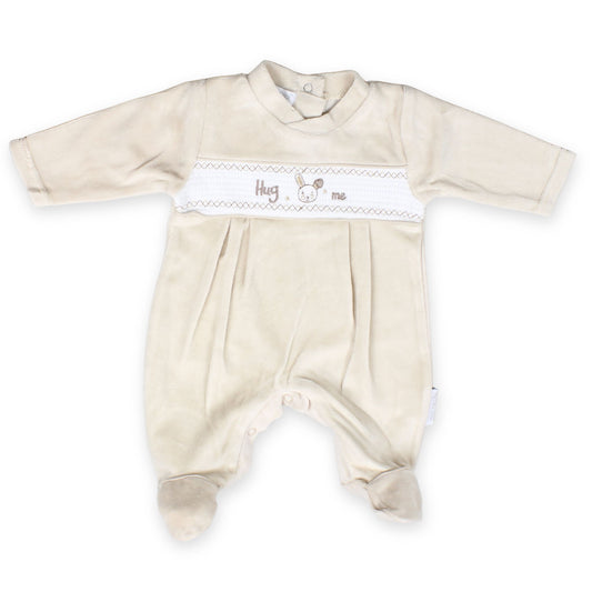 beige unisex baby velour smocking rabbit sleepsuit  hug me embroidery