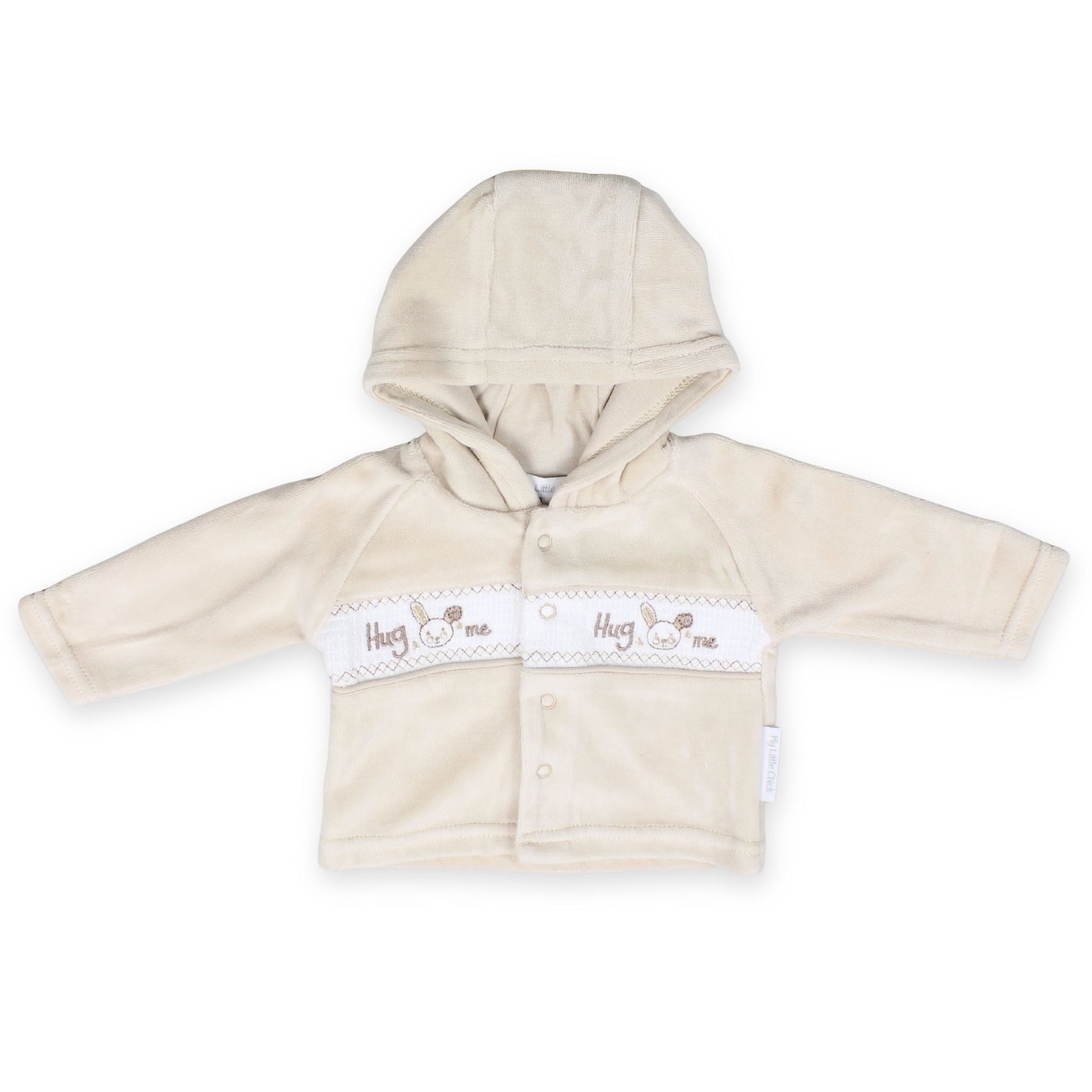 baby unisex beige three piece velour outfit hug me embroidery