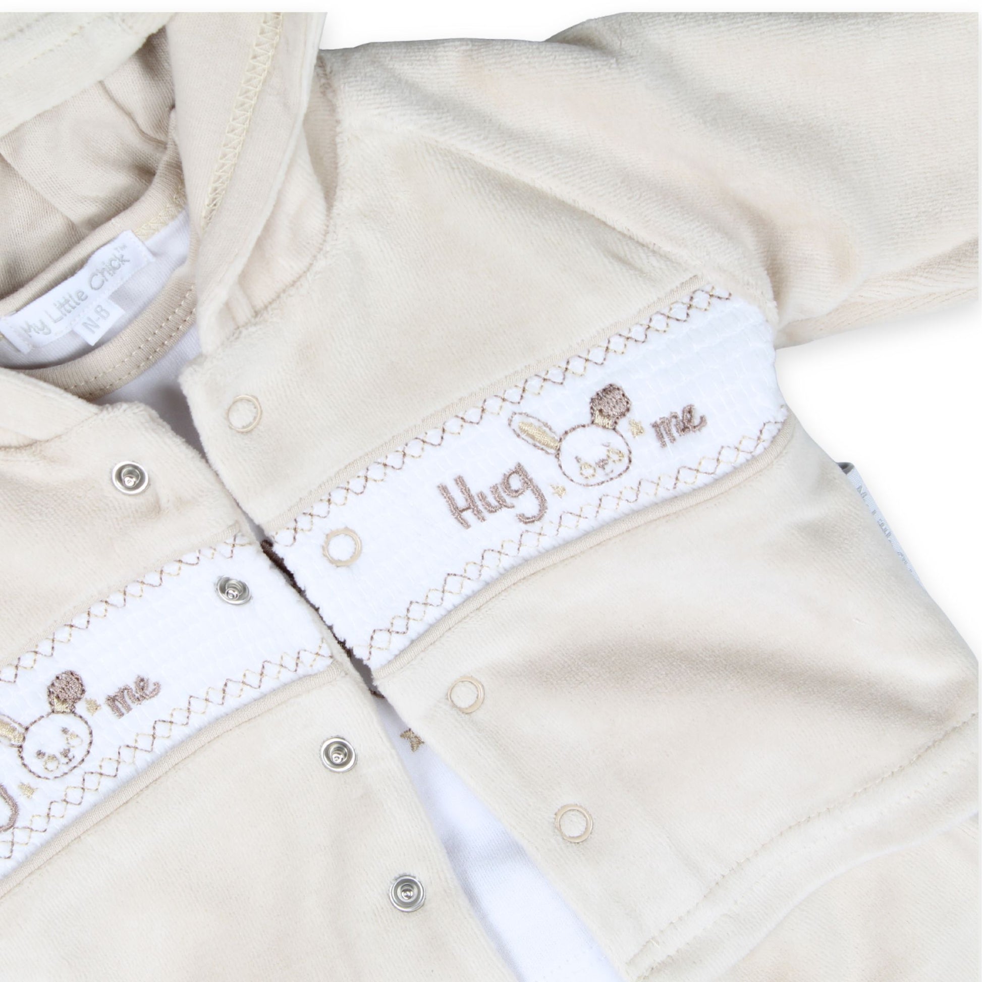 baby unisex beige three piece velour outfit hug me embroidery