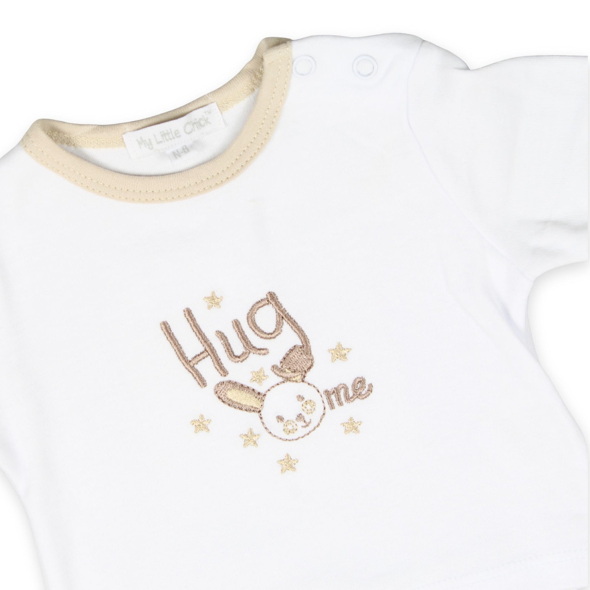 baby unisex beige three piece velour outfit hug me embroidery