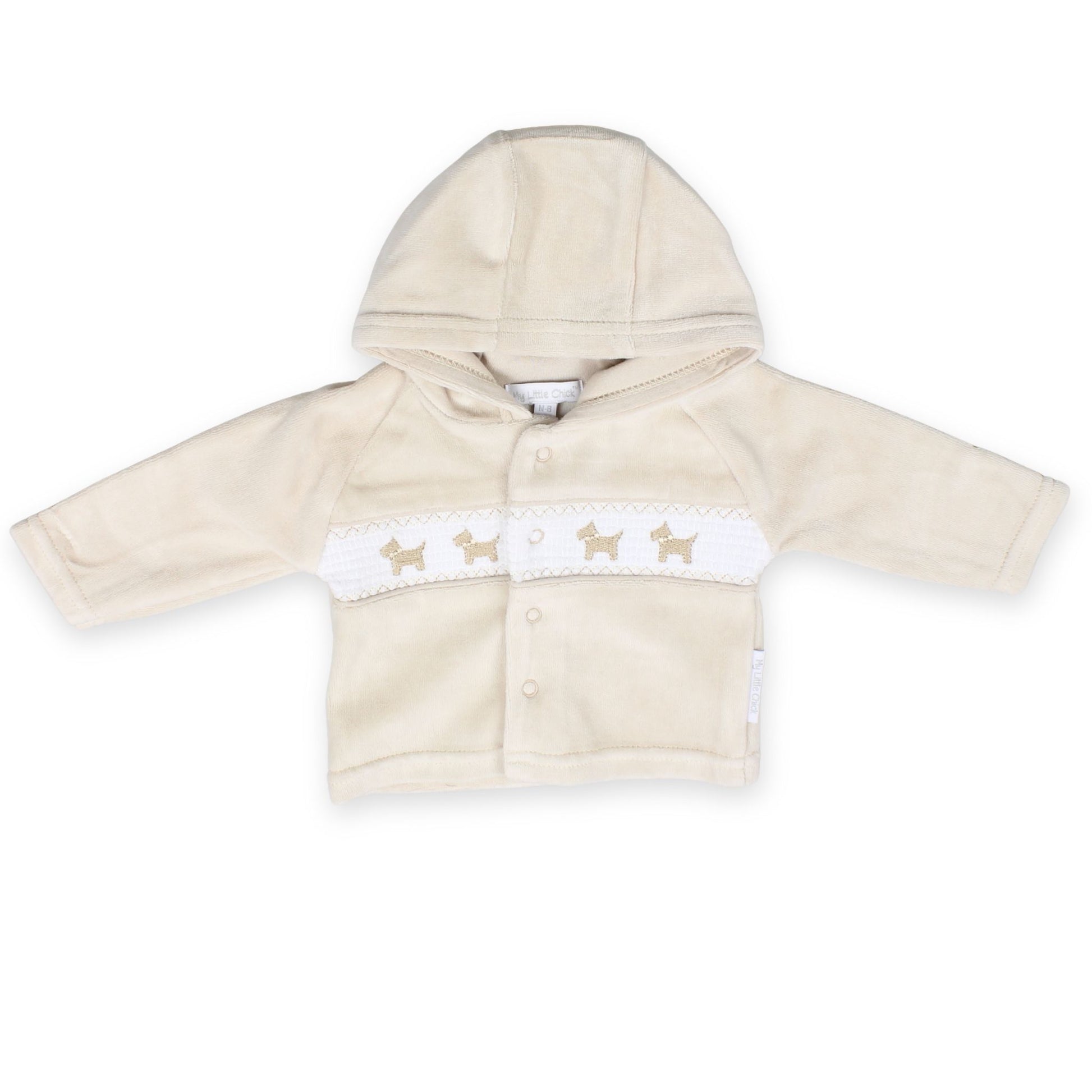 unisex beige three piece outfit with embroidered dogs