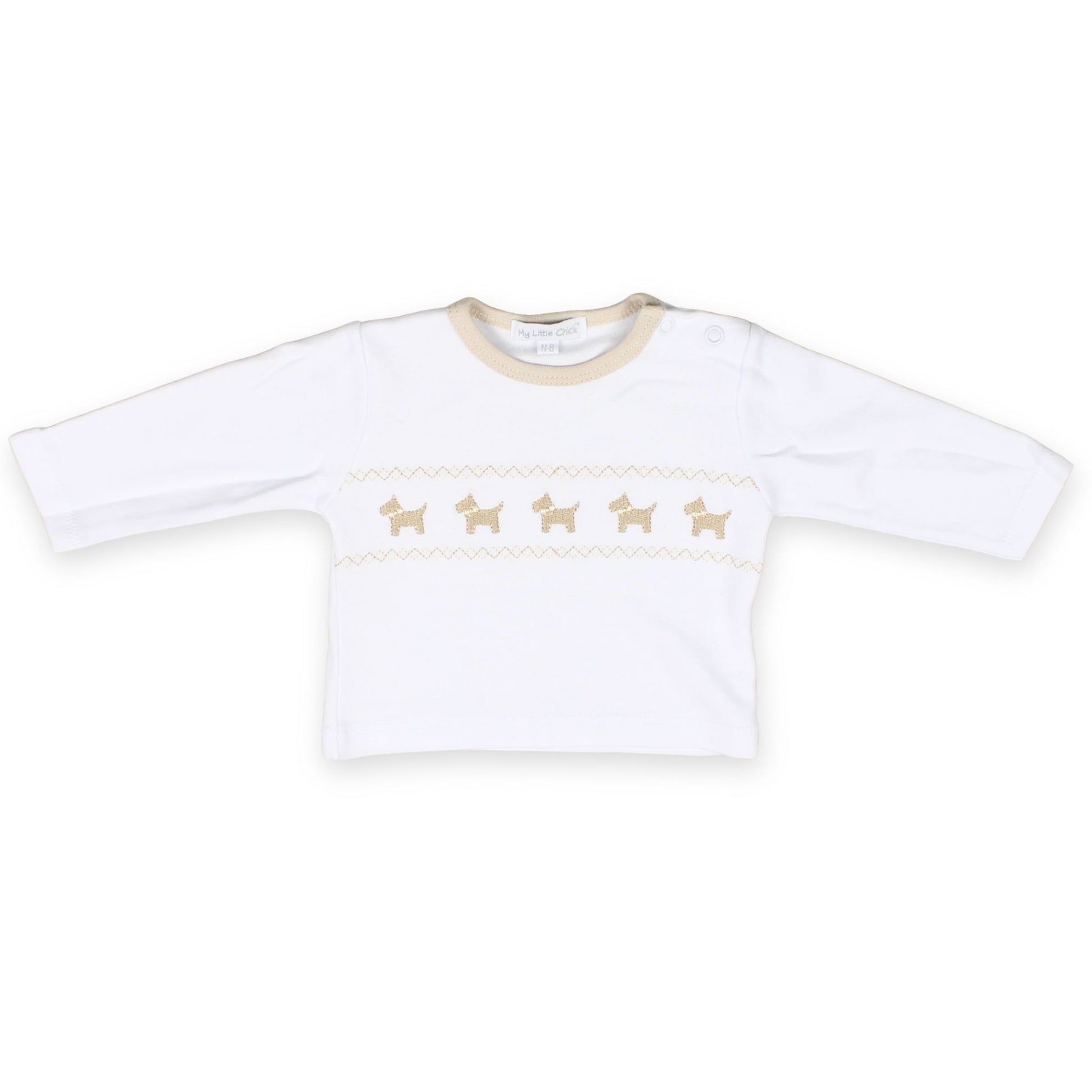 unisex beige three piece outfit with embroidered dogs