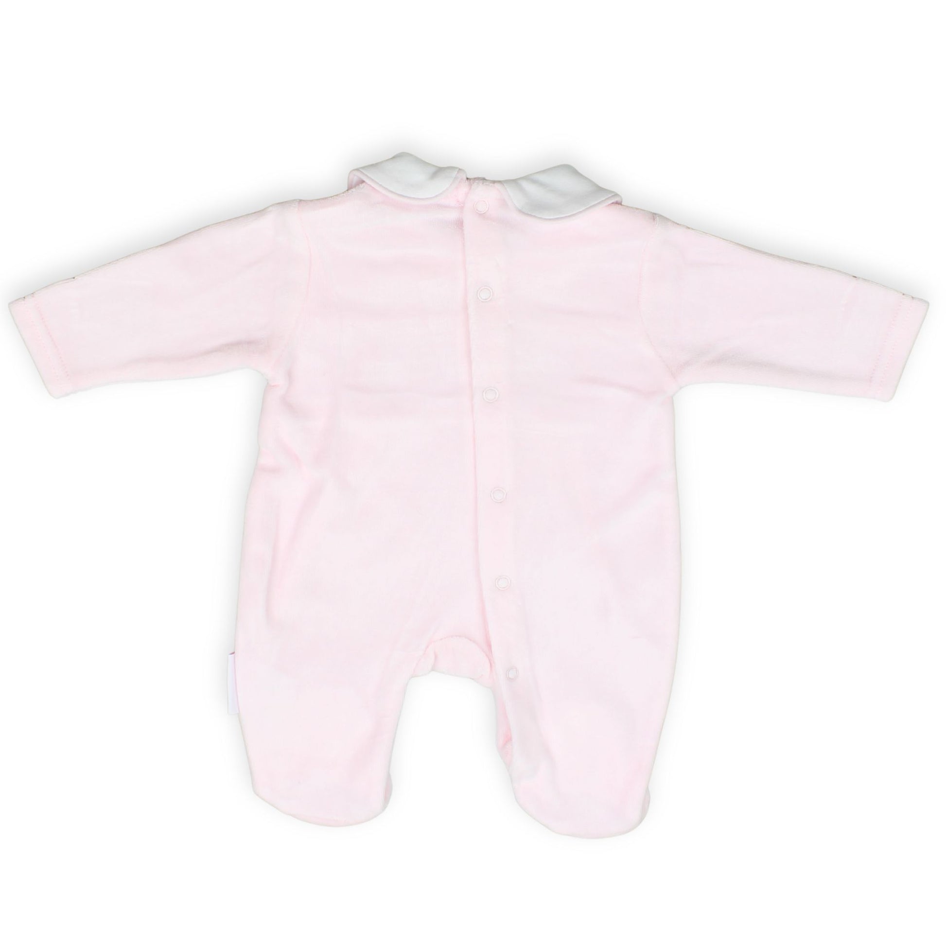 baby girls pink velour sleepsuit with embroidered tortoise smocking