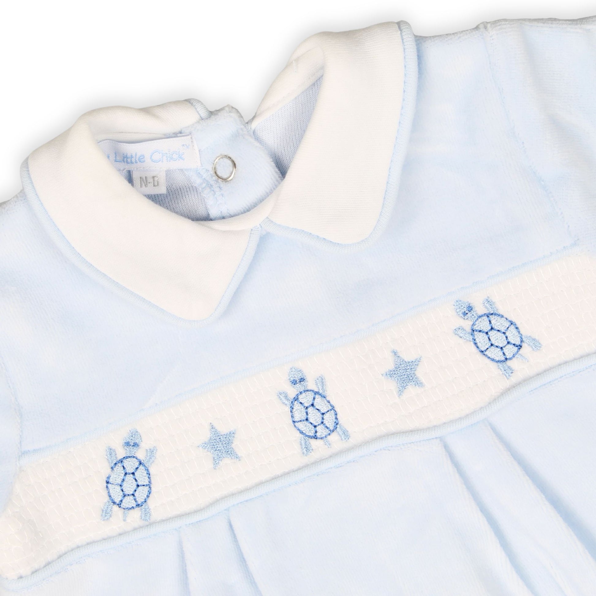 baby boys tortoise sleepsuit embroidery blue velour