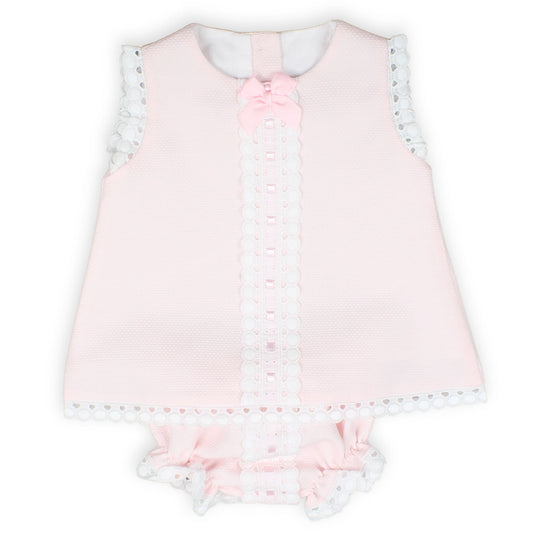 Baby Girls Pink Sleeveless Dress & Bloomer Set with White Lace Trim