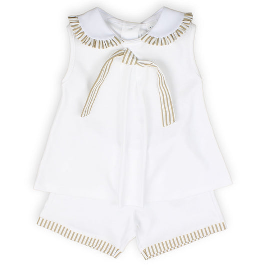 girls summer set, baby girl top and shorts, white girls outfit, striped trim baby clothes, peter pan collar top, toddler summer outfit, girls clothes 12 months to 4 years