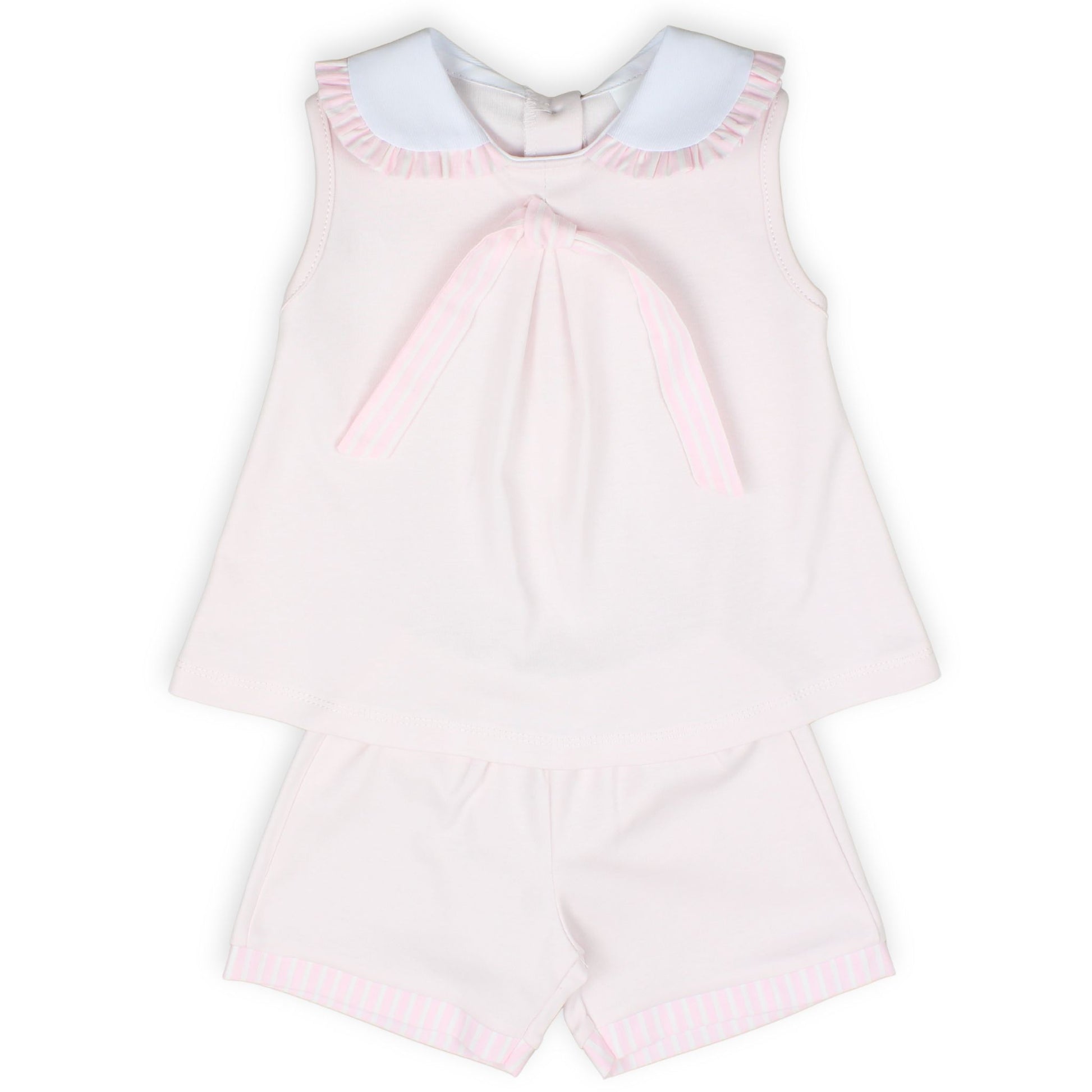 girls summer set, pink baby outfit, toddler girl shorts set, baby girl pink top and shorts, striped trim baby clothes, peter pan collar outfit, girls clothes 12 months to 4 years