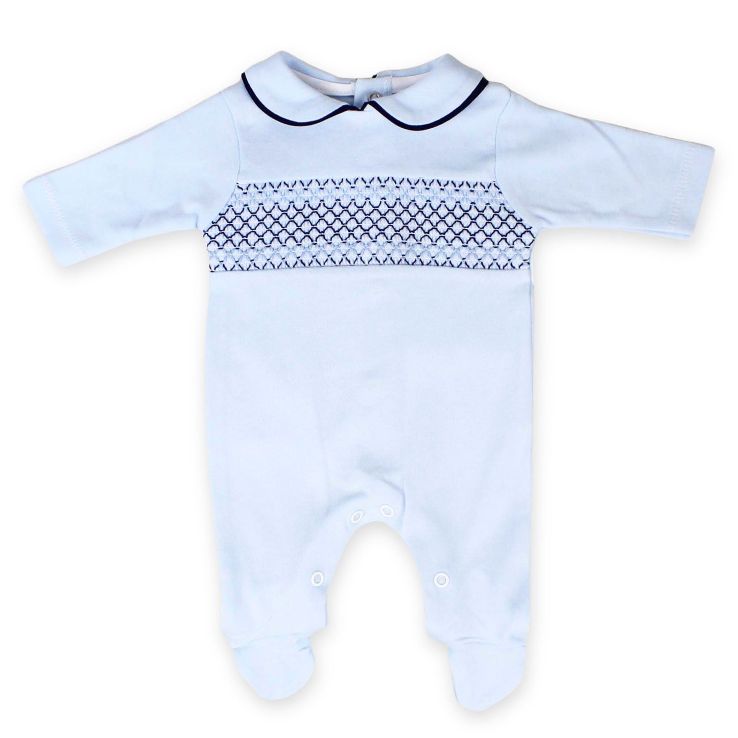 baby boys blue and navy all in one sleep suit smocking peter pan collar