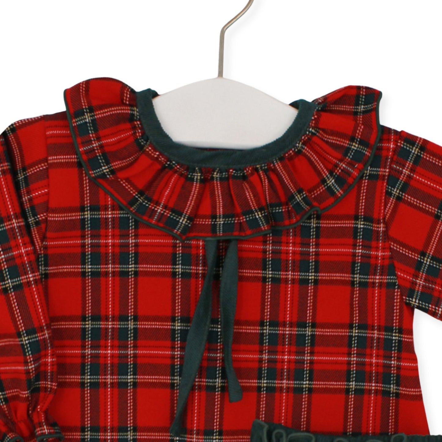Red plaid dress with a ruffled collar on a white background