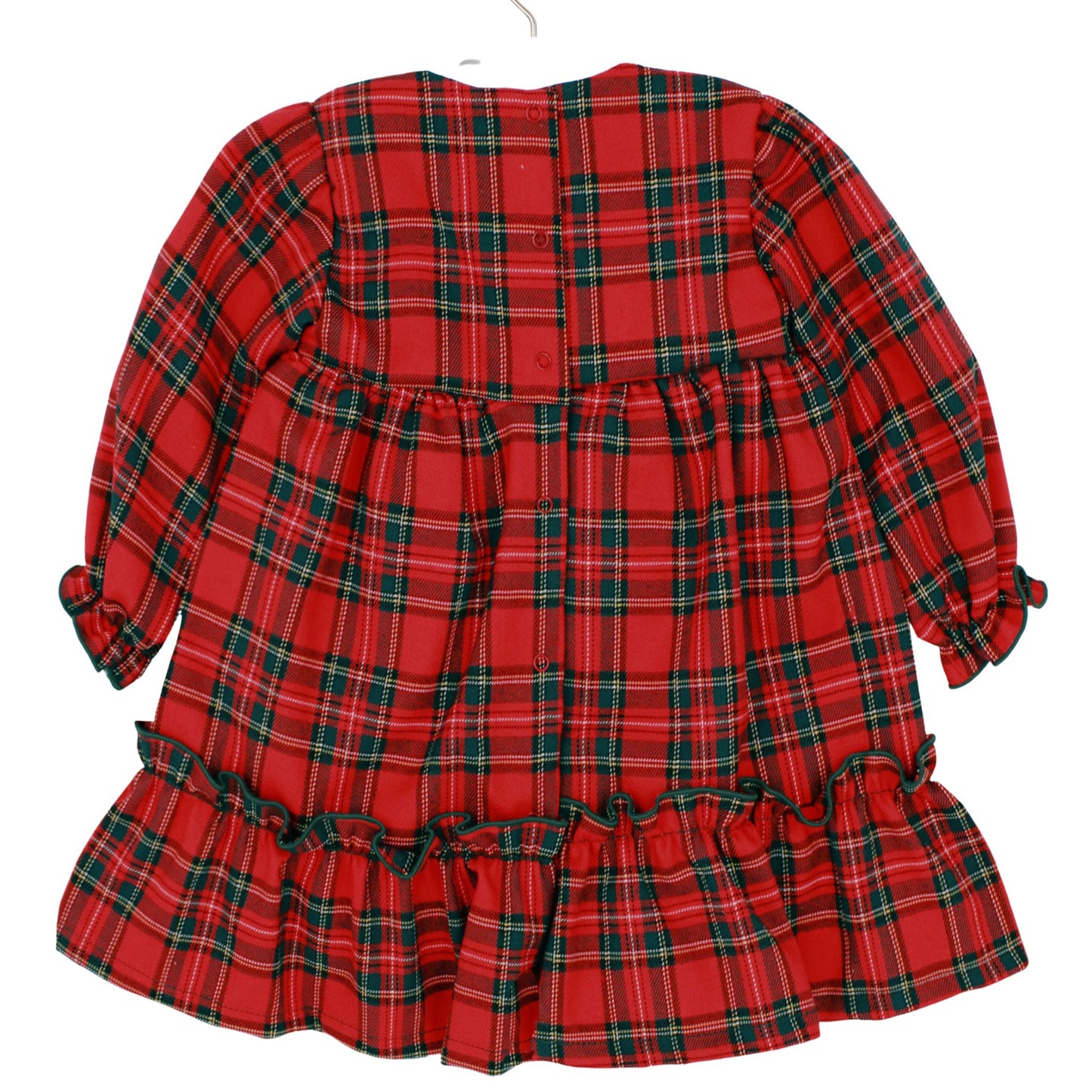 Red tartan baby dress with white broderie anglaise bib collar and ruffle trim, displayed on a hanger with wooden star hook.