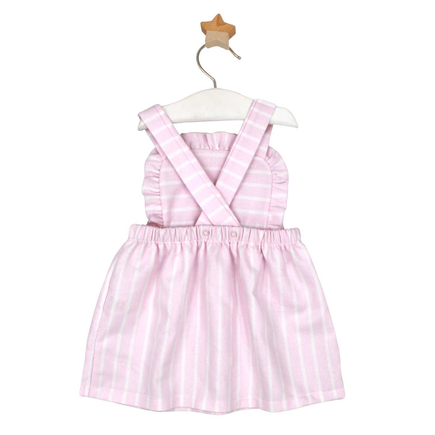 Pink and white striped dress on a hanger against a white background