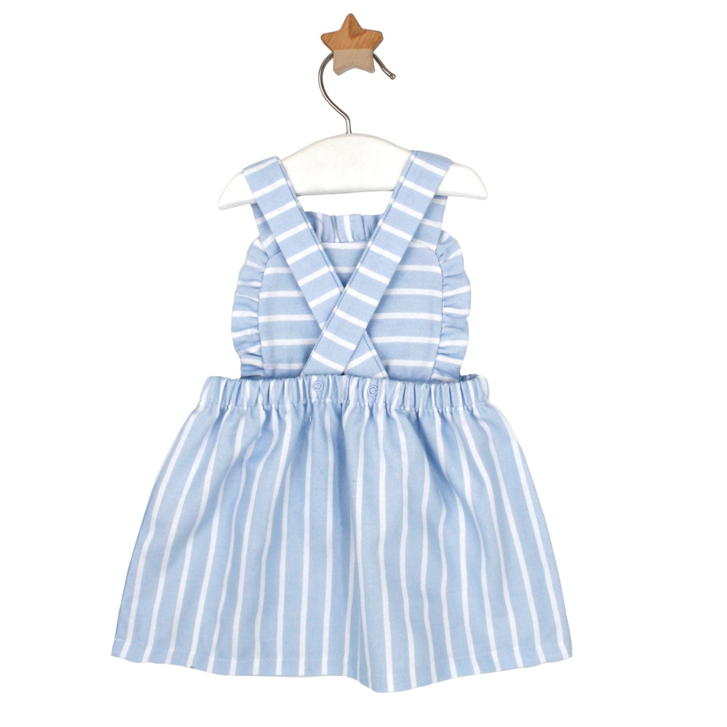Blue and white striped baby pinafore dress with frill detail and shoulder straps, displayed on a white hanger with wooden star hook.