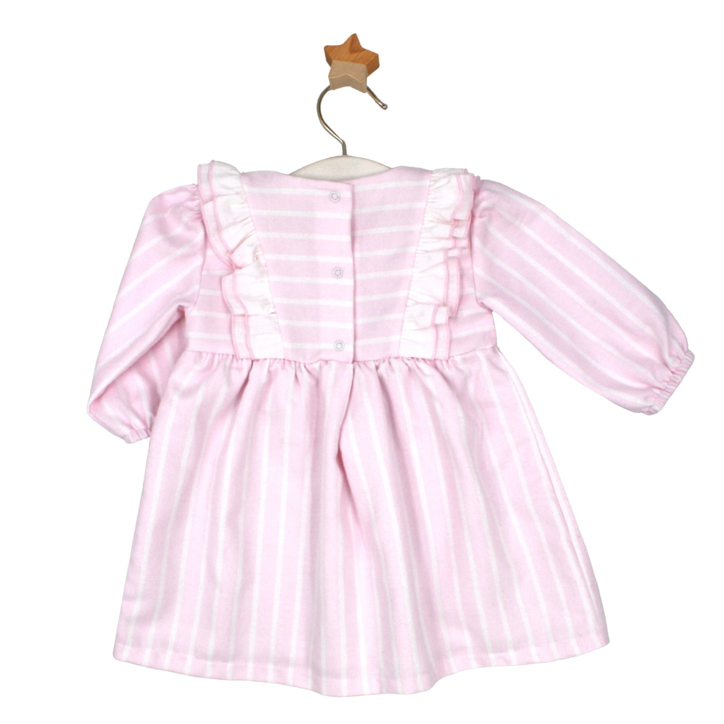 Pink and white striped baby dress with frill detail and bib-style front, displayed on a white hanger with a wooden star hook.