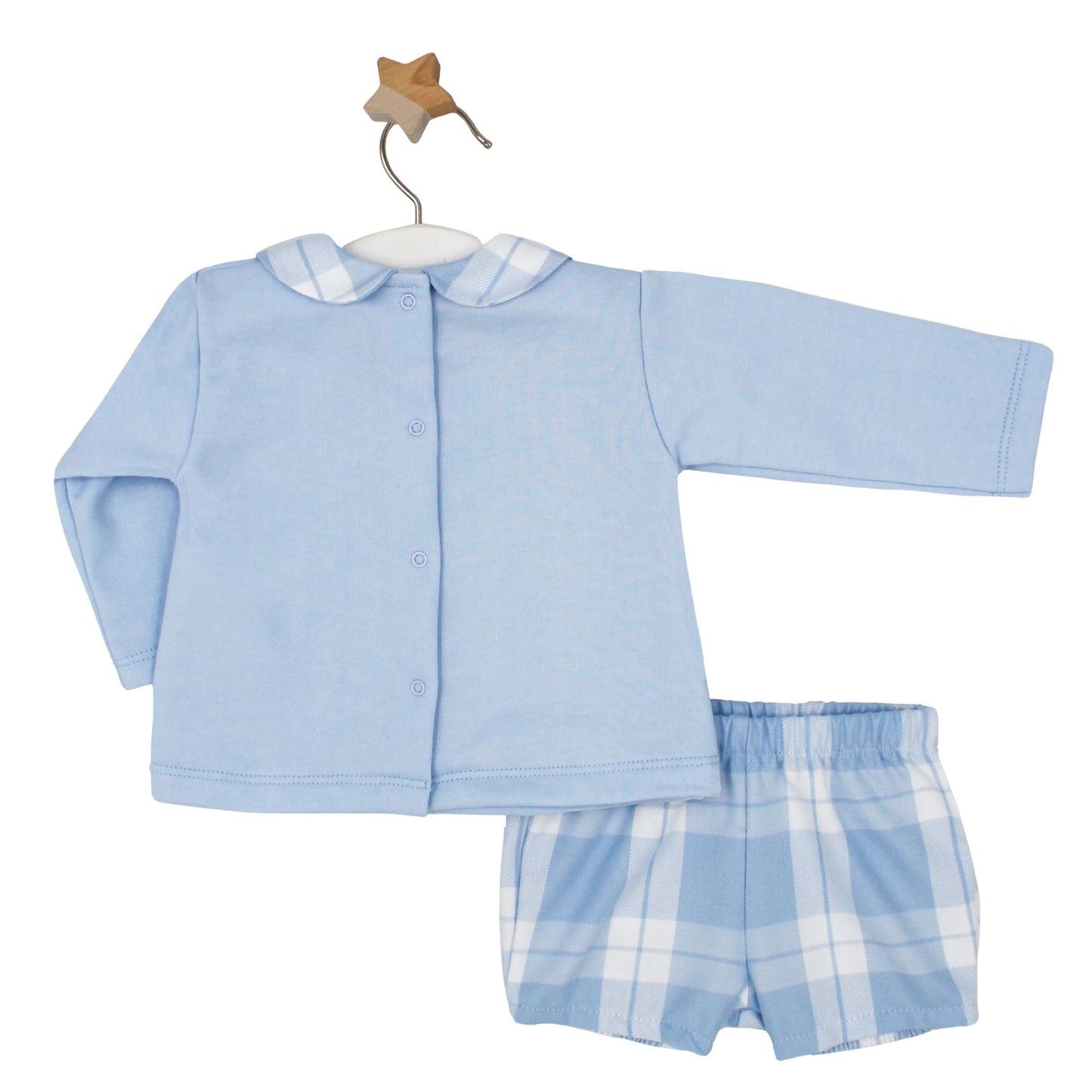 Baby boys’ pale blue long-sleeve top with checked collar and matching blue and white check shorts on hanger.