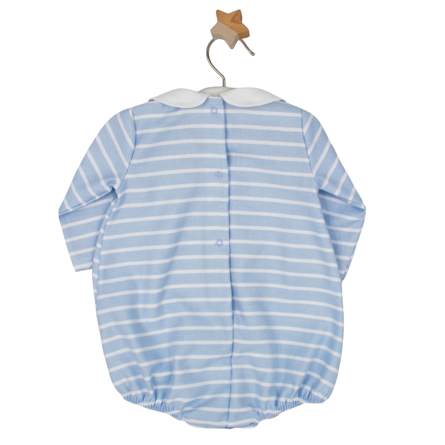 Light blue and white striped baby boy romper with white collar, displayed on a hanger with wooden star hook.