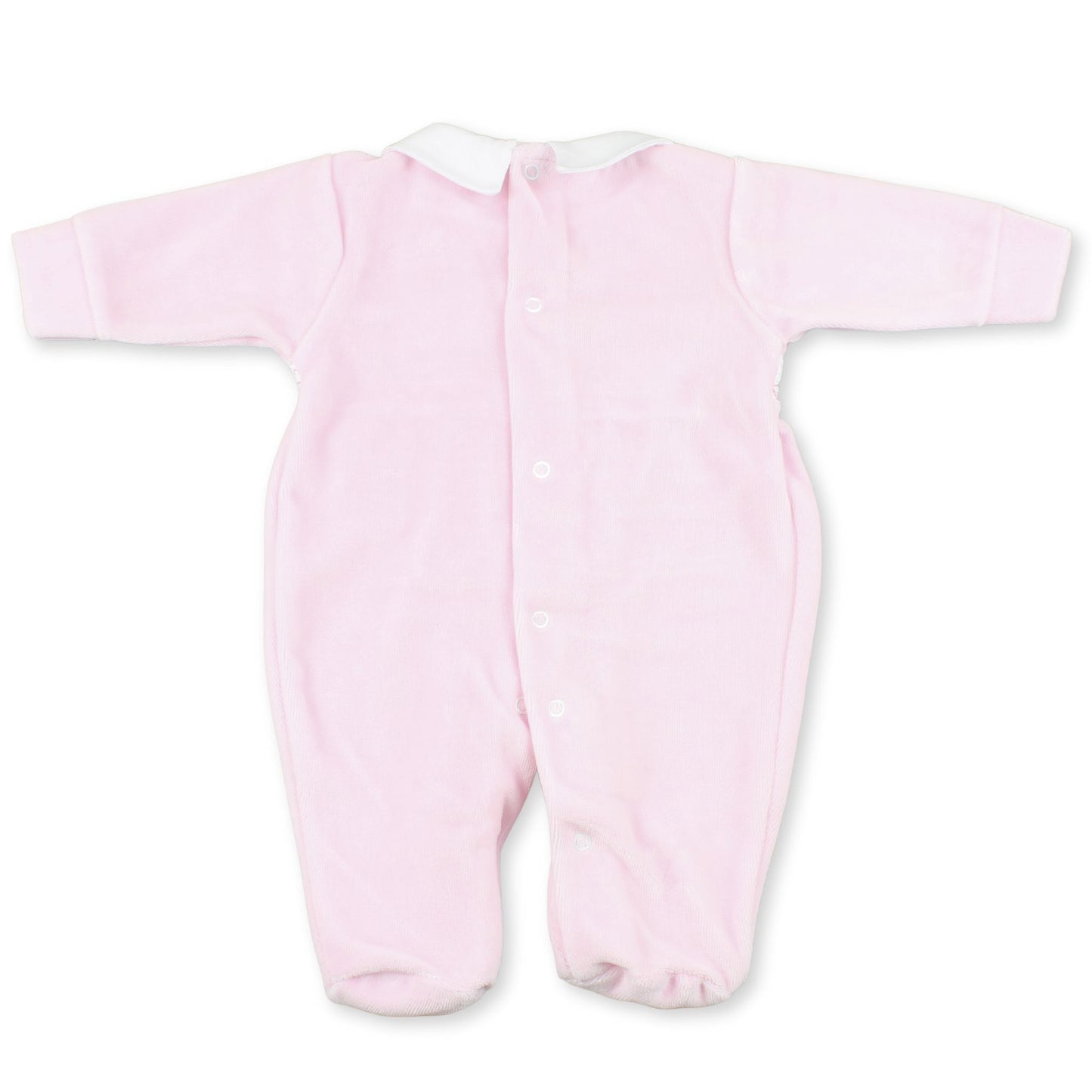 Pink baby onesie with white trim on a white background