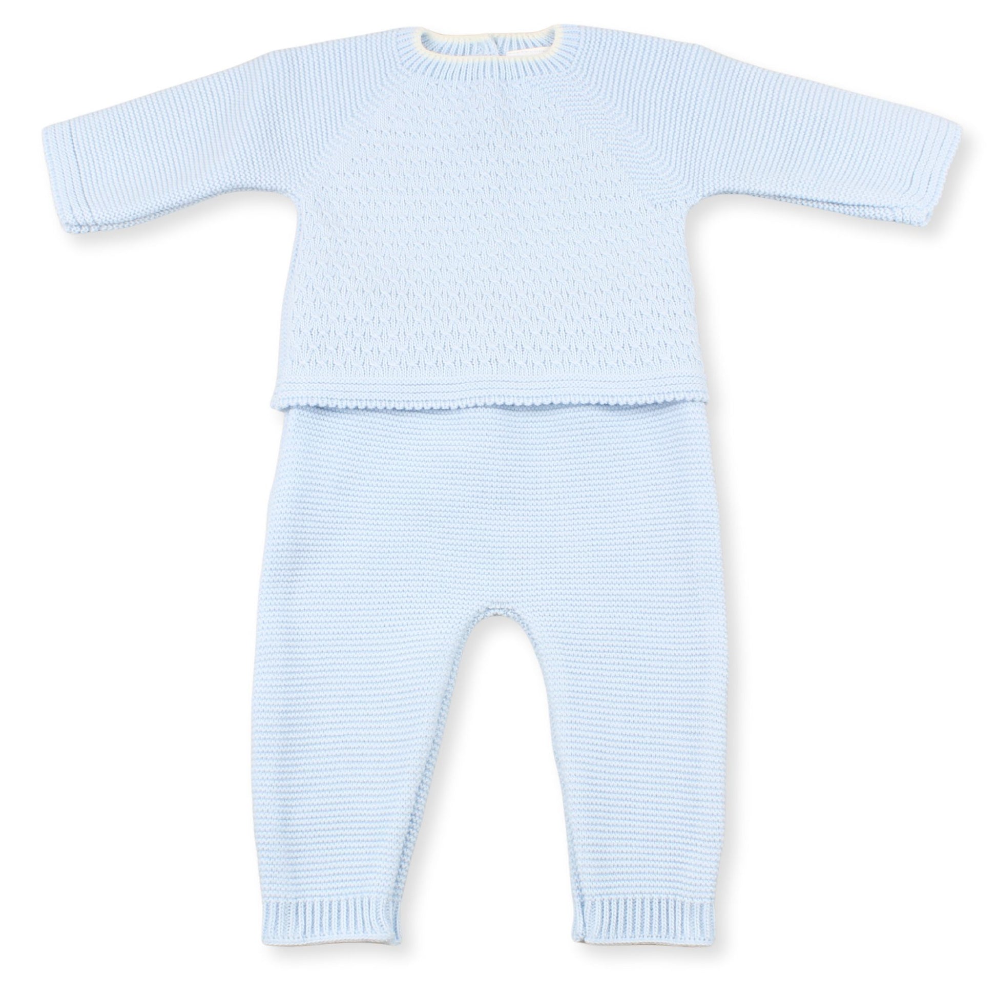 Light blue knitted baby outfit on a white background