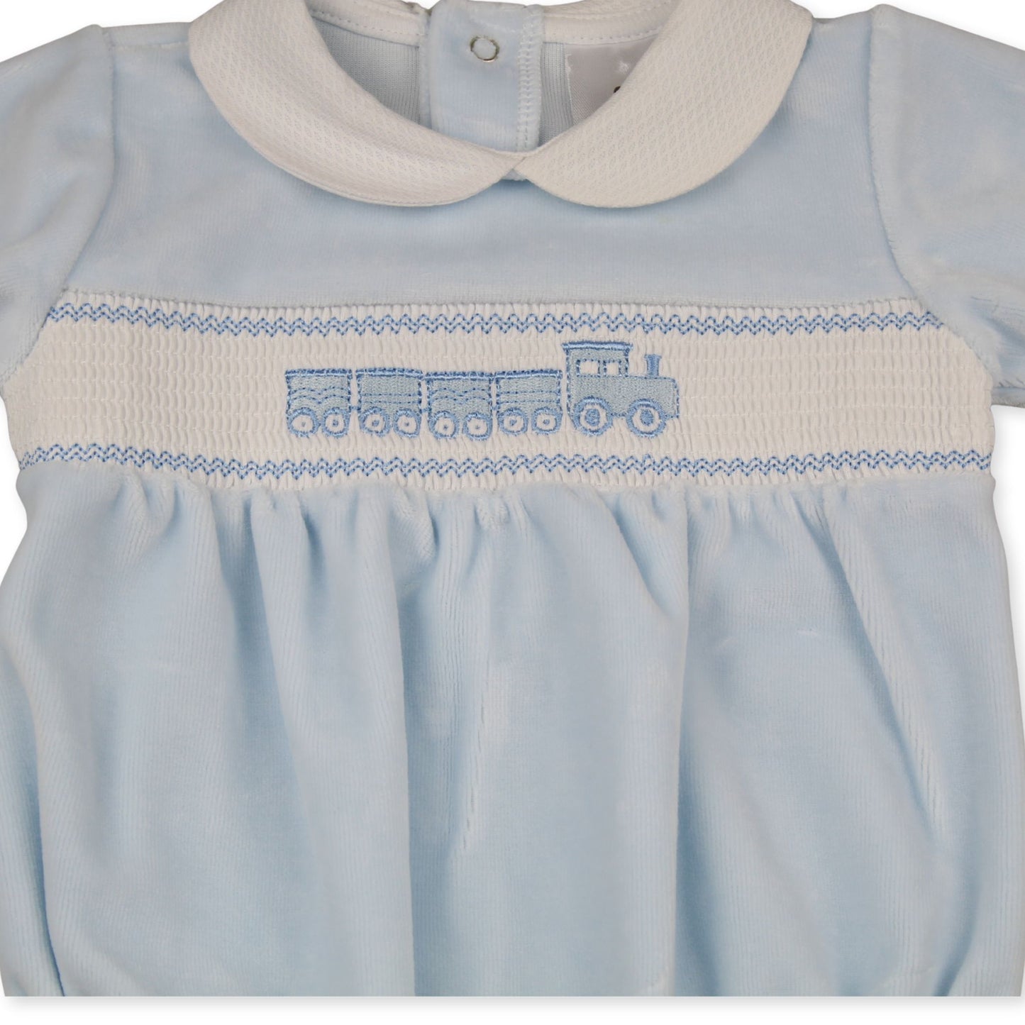 Kleo Kids Baby Boys Blue Velour Smocked Romper with Train Embroidery