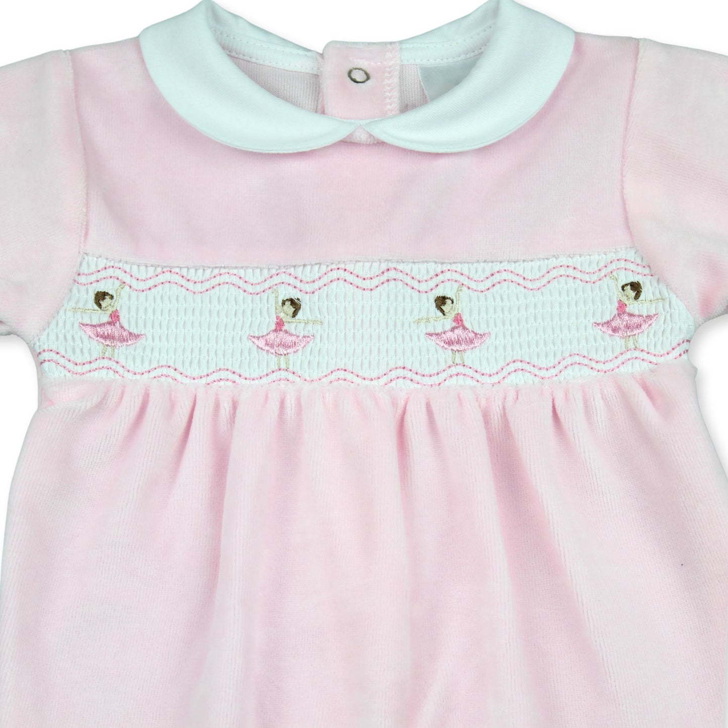 Kleo Kids Baby Girls Pink Velour Smocked Sleepsuit with Ballerina Embroidery