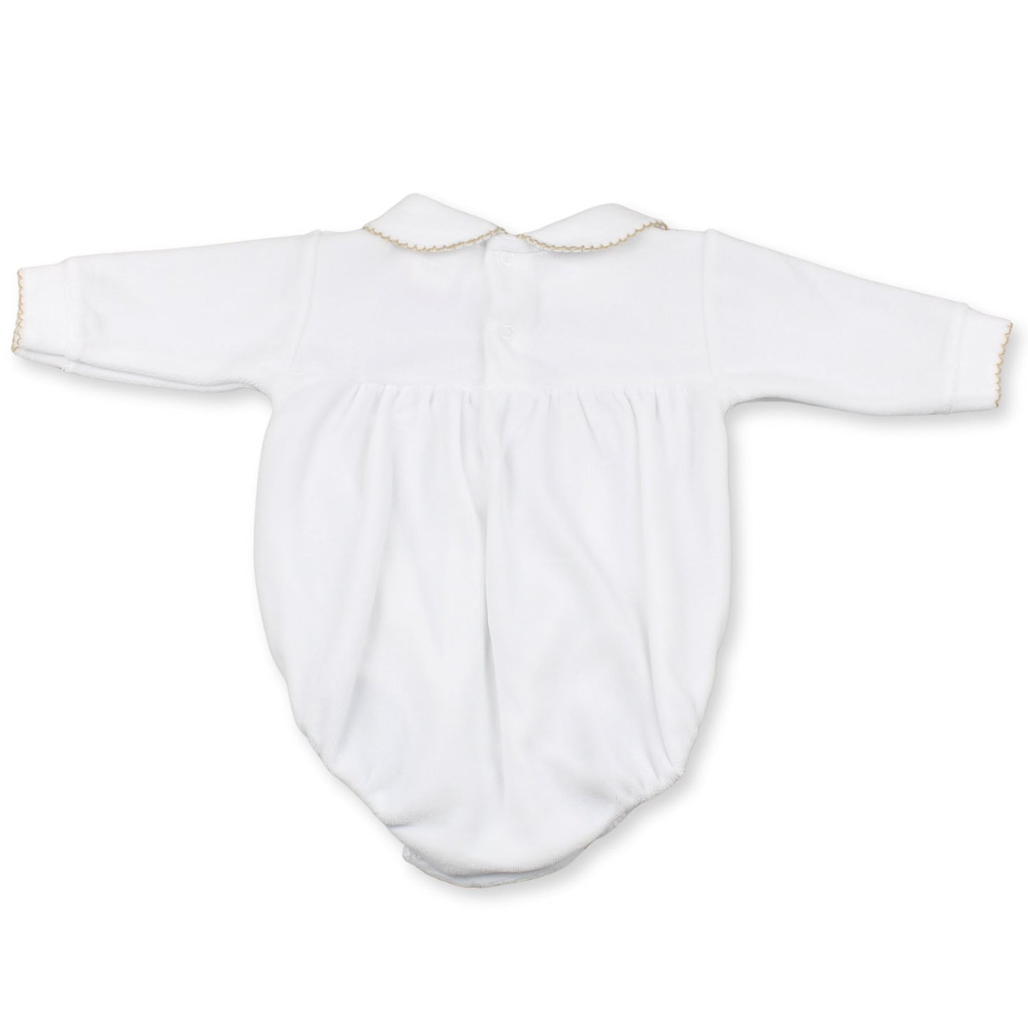 White baby onesie with a gold trim on a white background