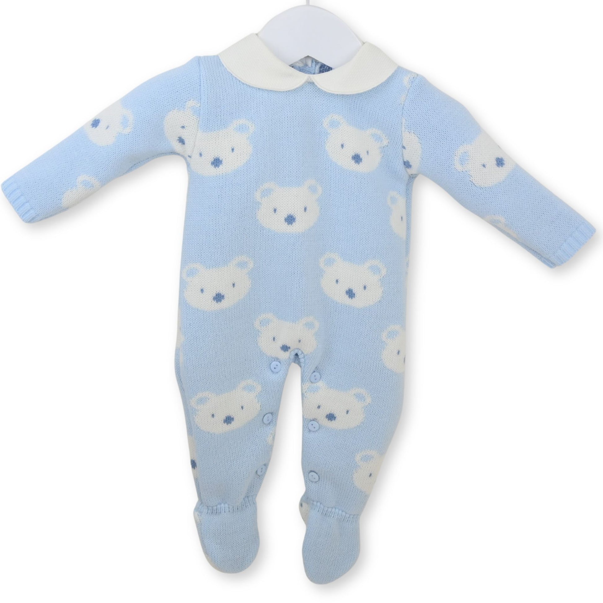 Blue baby onesie with bear pattern on a white background