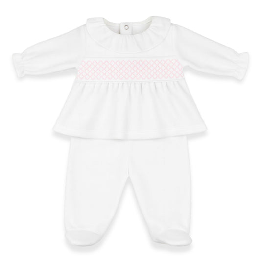 White baby outfit with pink smocked collar on a white background