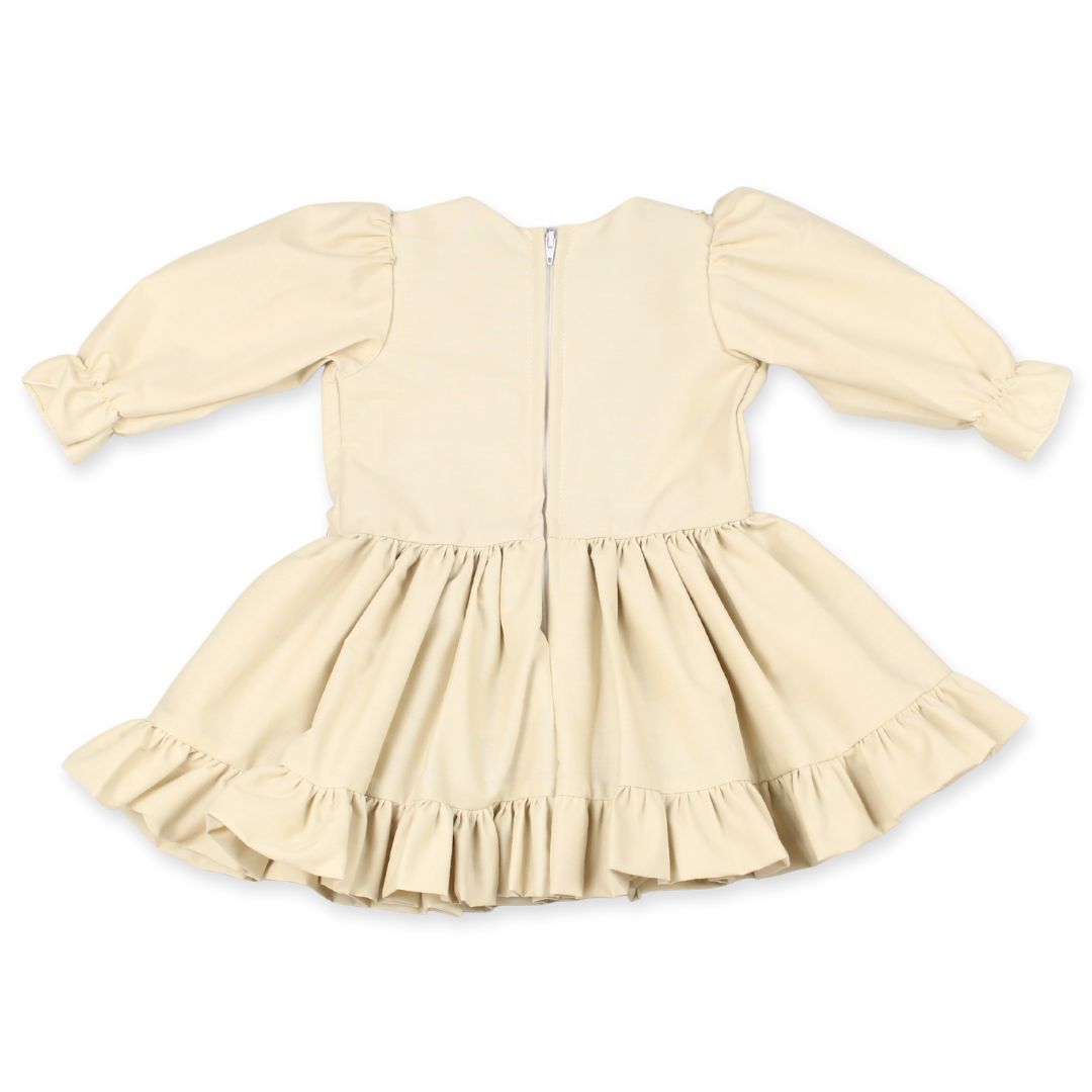 Beige Spanish-Style Baby Girl Dress with Lace & Satin Bows – Made in the UK