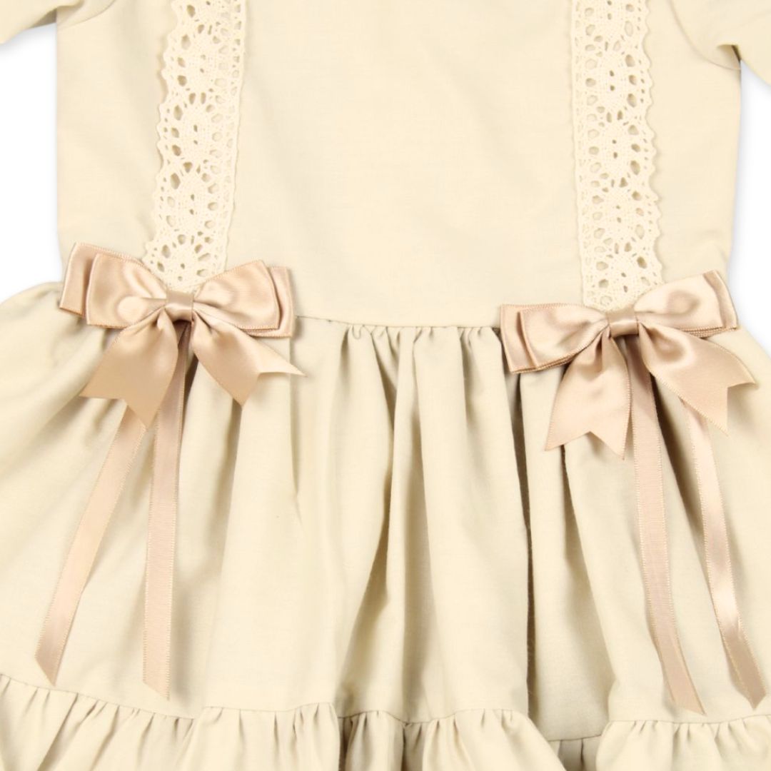 Beige Spanish-Style Baby Girl Dress with Lace & Satin Bows – Made in the UK