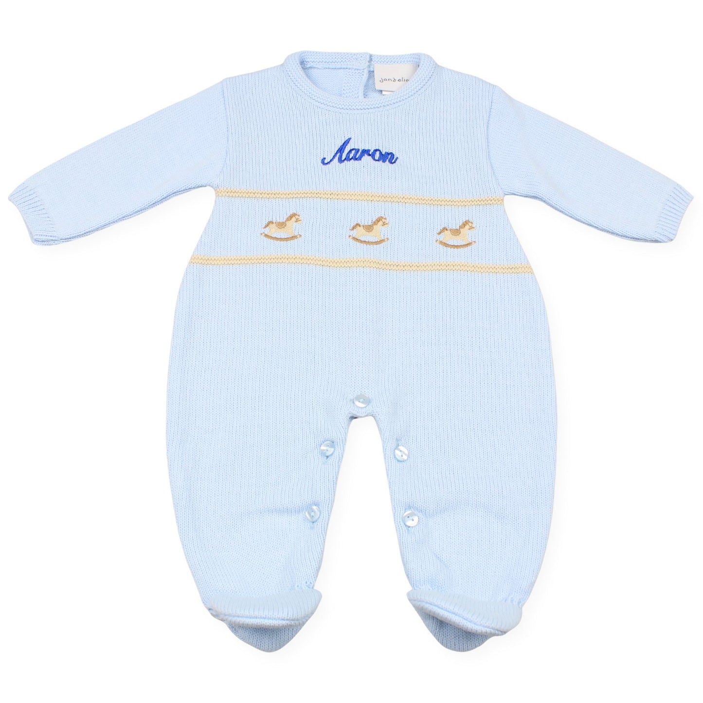 baby boys knitted all in one personalised outfit rocking horse