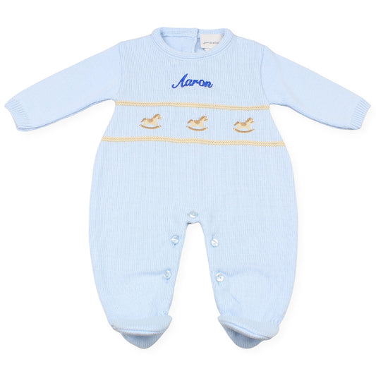 baby boys knitted all in one personalised outfit rocking horse