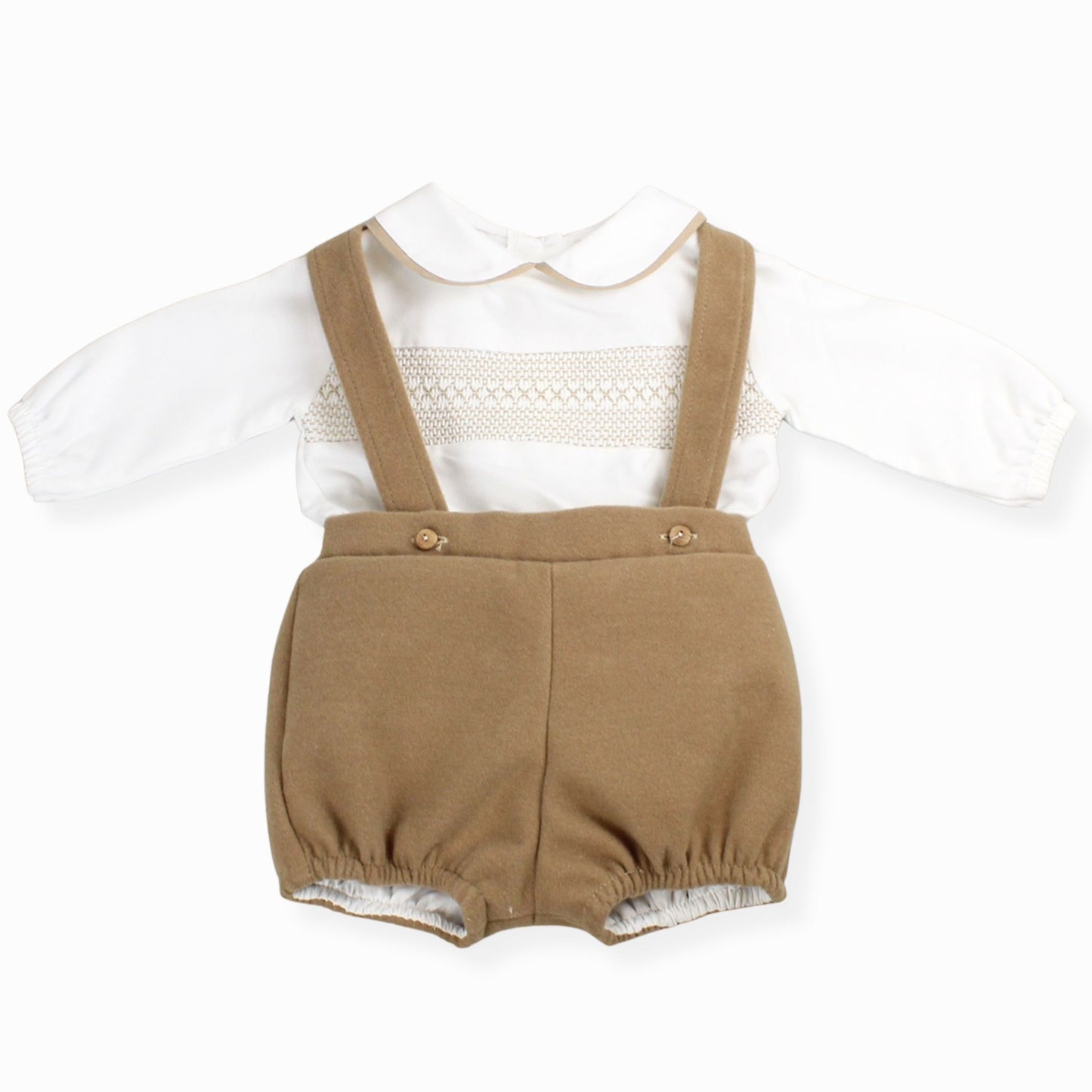 baby boys braces shorts and shirt with smocking beige shorts