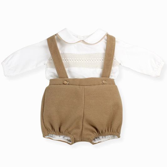baby boys braces shorts and shirt with smocking beige shorts